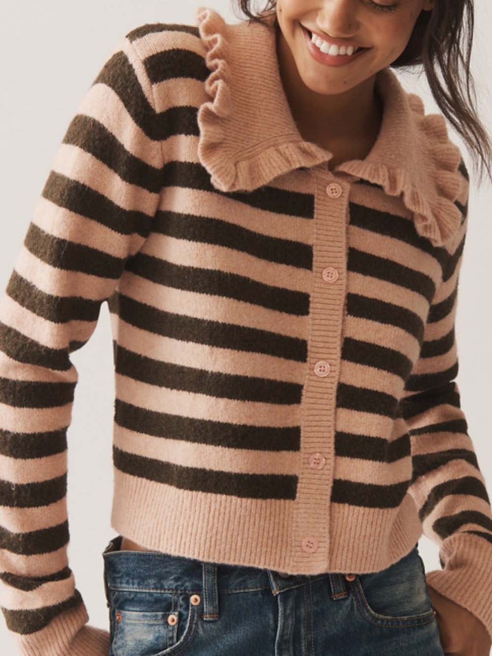 Anthropologie Ruffle Collar Cardigan Sweater Maeve Self Contrast Ainsley New